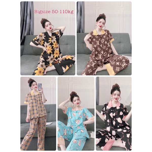 Bigsize Dài Tay Ngắn Phối Lụa Satin cổ sen 55-110kg Én Nhỏ Pijama | BigBuy360 - bigbuy360.vn