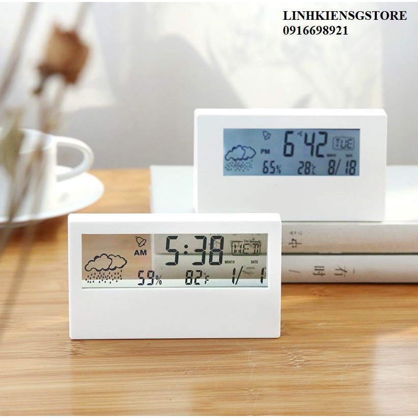 Đồng hồ thông minh để bàn mini màn hình trong suốt tích hợp xem giờ, ngày tháng, đo nhiệt độ ẩm