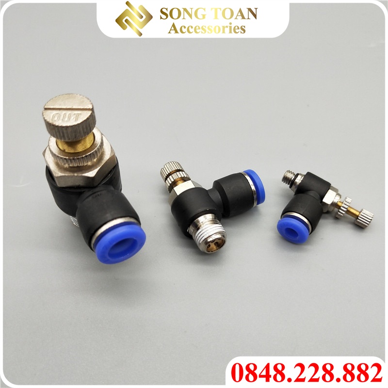 Van Tiết Lưu 1 Đầu Ren + Đầu Nối Nhanh 1 Chạm & PSA - Cắm Đường Kính Ngoài Ống Phun Sương & Dây Hơi PU Khí Nén 6 8 10 12