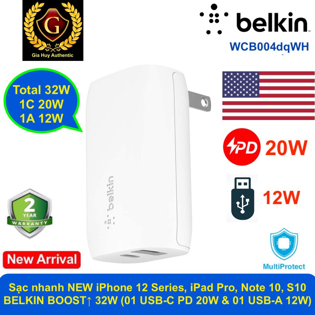 Củ Sạc nhanh New iPhone 12 Series, iPad Pro BELKIN WCB004dqWH BOOST↑ 32W (01 USB-C PD 20W &amp; 01 USB-A 12W)