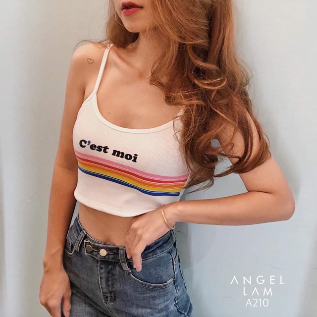 Áo croptop dây trắng in hình