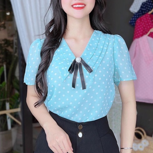 Áo sơ mi công sở nữ họa tiết chấm bi cổ 3 lớp CHUU A8074