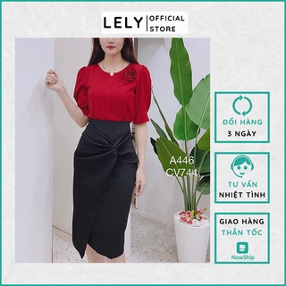 Áo sơ mi công sở tay lỡ cổ tròn cài hoa LELY A446 áo sơ mi cổ tròn phối nơ