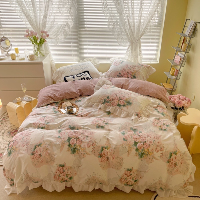 Set 4 món cotton bèo ren hoa hồng pháp