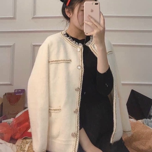 Áo khoác len lông cừu nữ cardigan hàng cao cấp viền thừng sang chảnh phong cách thời trang hàn quốc | BigBuy360 - bigbuy360.vn