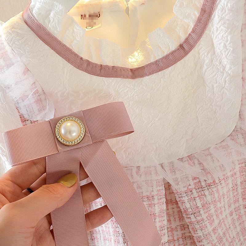 Váy Công Chúa Giả Hai Mảnh Đính Nơ Ngọc Trai Phong Cách Mùa Xuân Mới