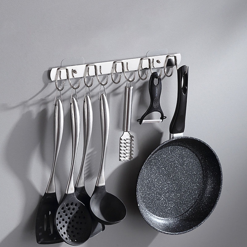 Giá Móc Treo Quần Áo Inox, Thanh Ngang 10 Móc Treo Đồ Nhà Tắm Nhà Bếp Dán Tường Tiện Lợi