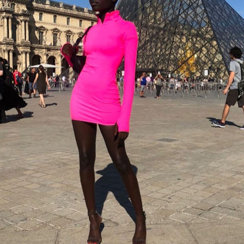 Xiangbao Đầm Bodycon Tay Dài Cổ Lọ Có Dây Kéo Màu Dạ Quang Gợi Cảm Cho Nữ