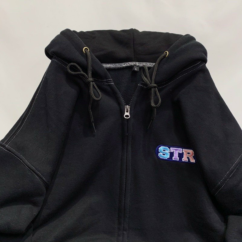 Áo khoác nỉ nam nữ STR hoodie full zip đen trắng kem form rộng bo gấu tay phồng hàn quốc -áo khoác ulzzang