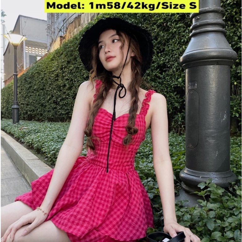 Jumpsuit 2 Dây Caro Thắt Nơ Ngực Xếp Tầng - HÀNG CÓ SẴN