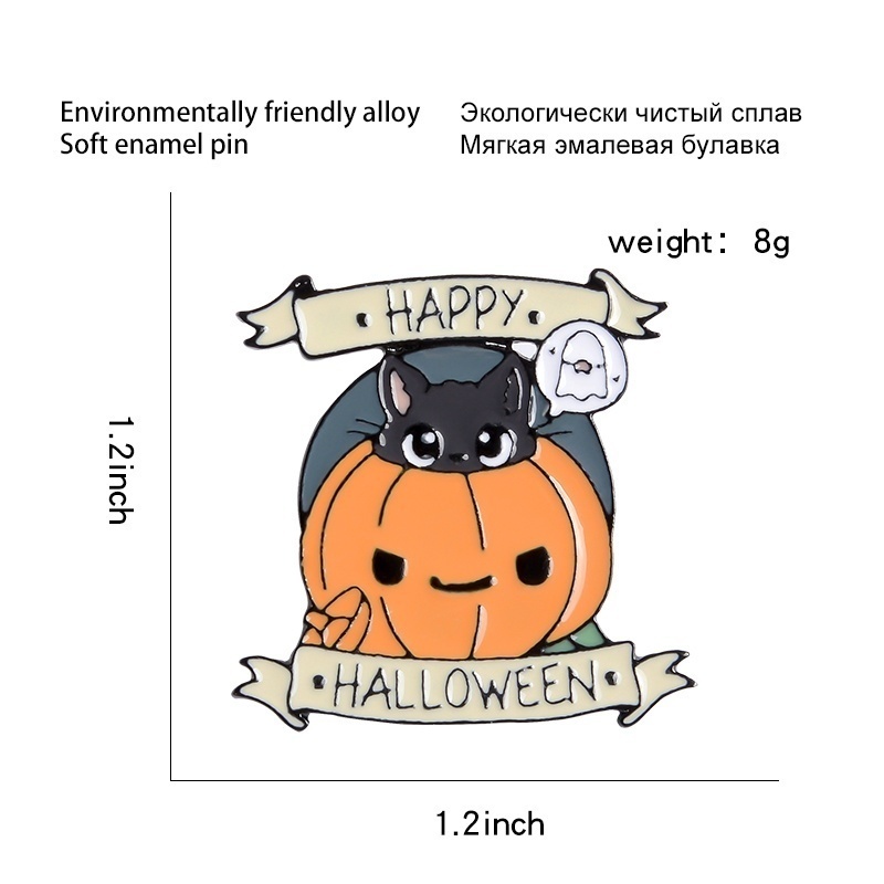 Ghim cài áo QIHE JEWELRY tráng men hình bí ngô mèo đen bóng ma trang trí Halloween vui nhộn