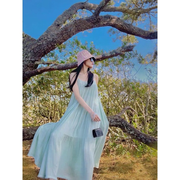 Váy maxi hai dây màu xanh mint