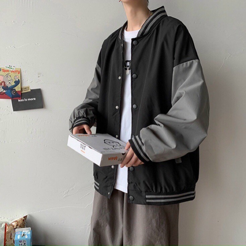Áo Khoác Bomber Đen Phối tay xám Ulzzang Form Rộng Unisex