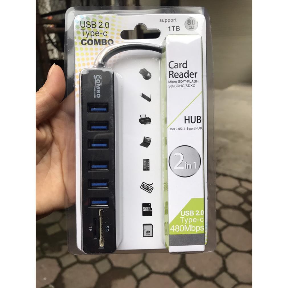 Bộ đầu dây hub cáp Chia ổ USB Từ 1 Ra 6 Cổng Usb Kèm Khe Đọc Thẻ Nhớ cao cấp cho pc máy tính laptop thiết bị điện