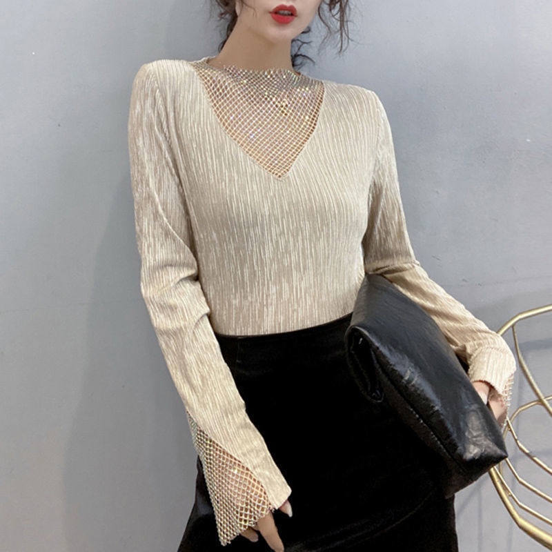 Áo thun tay dài phối lưới đính đá thời trang xuân thu dành cho nữ 2021