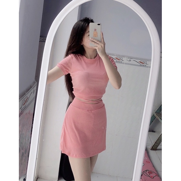 [ẢNH THẬT] Set bộ áo crotop dây buộc eo+chân váy siêu xinh