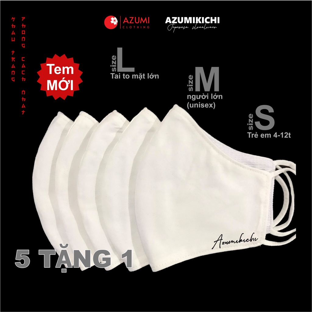 Khẩu trang vải 5 tặng 1 tem mới Azumikichi in nghiêng, khau trang thời trang cao cấp thoáng khí màu trắng