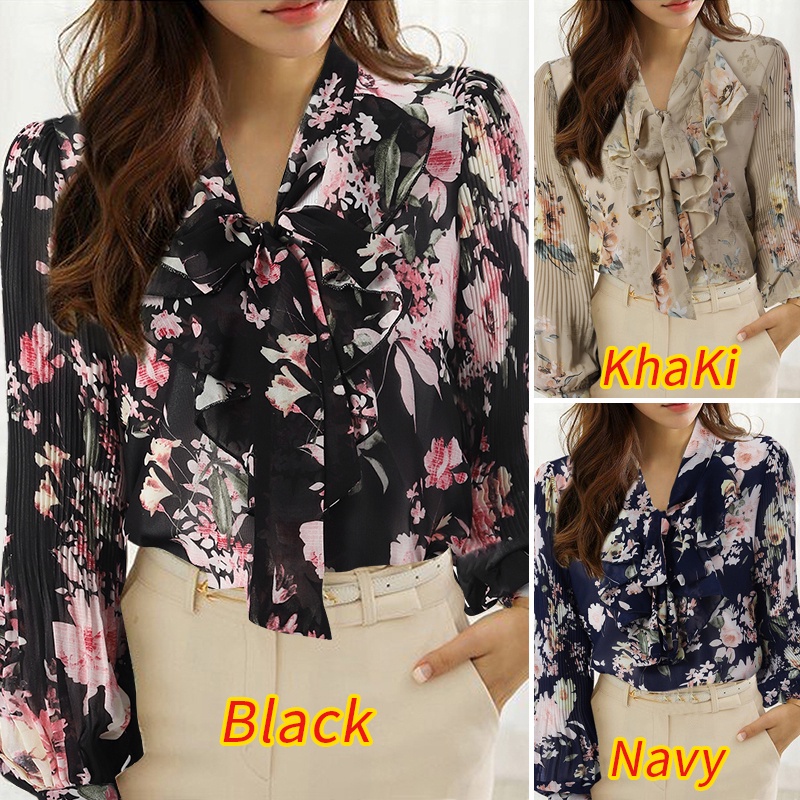 Áo kiểu ZANZEA tay dài xếp ly cổ V phối dây buộc in họa tiết hoa phong cách retro thời trang cho nữ