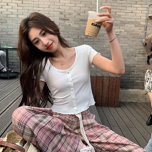 Áo thun ZHELIHANGFEI dệt kim ngắn tay phối hàng nút đơn thời trang dành cho nữ