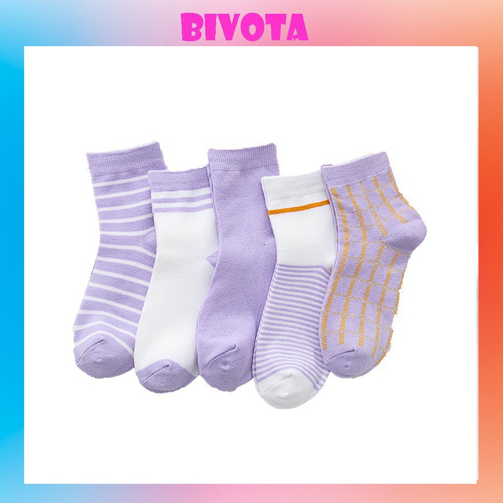 Set 5 đôi tất cổ cao Bivota vớ nữ hàn quốc màu tím vintage nhẹ nhàng xinh xắn T43