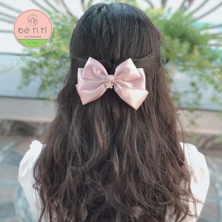 Nơ hồng cam kẹp tóc đính hoa hạt trai đen buộc tóc dễ thương Hàn Quốc