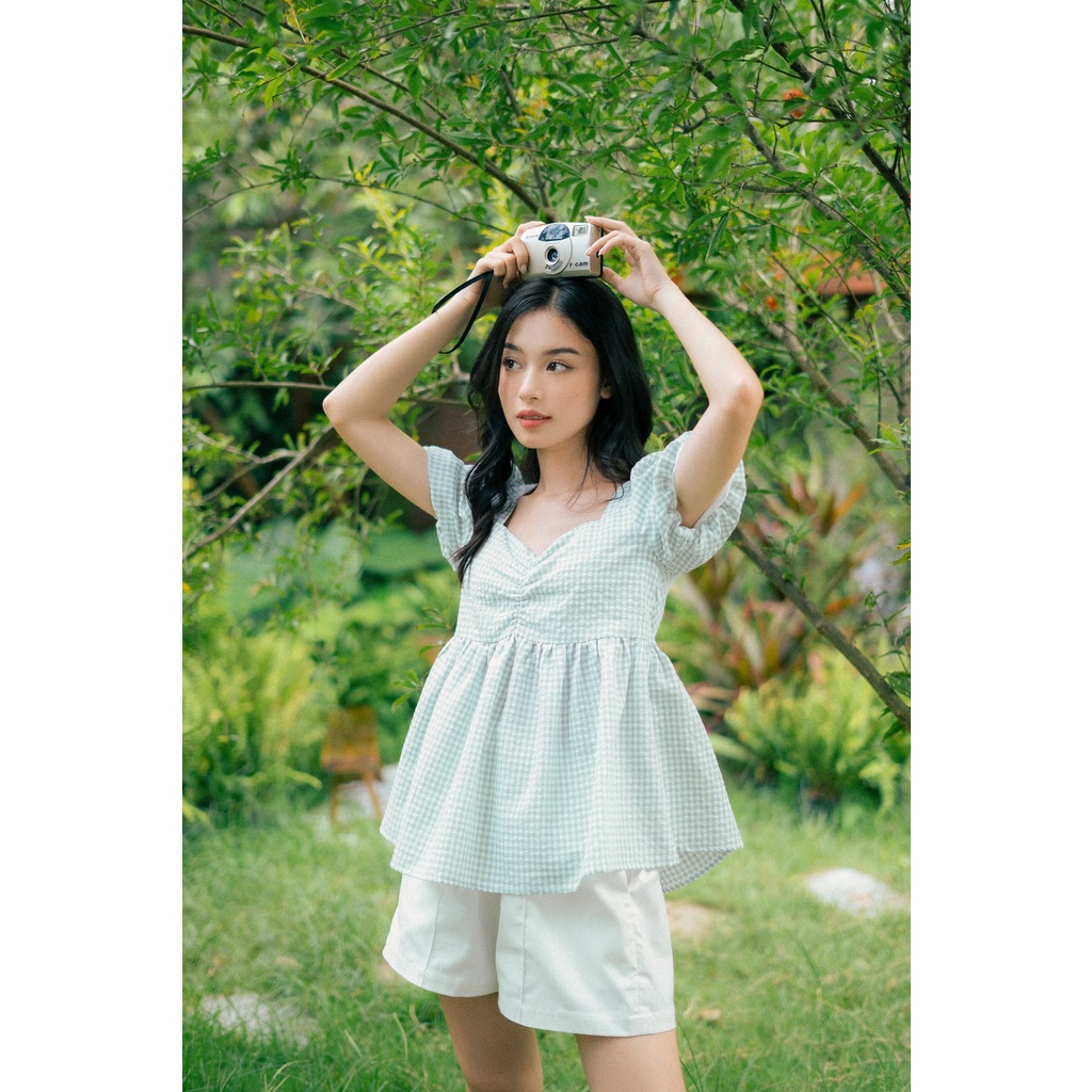 Áo babydoll tay bồng MADELEN kẻ gingham xanh