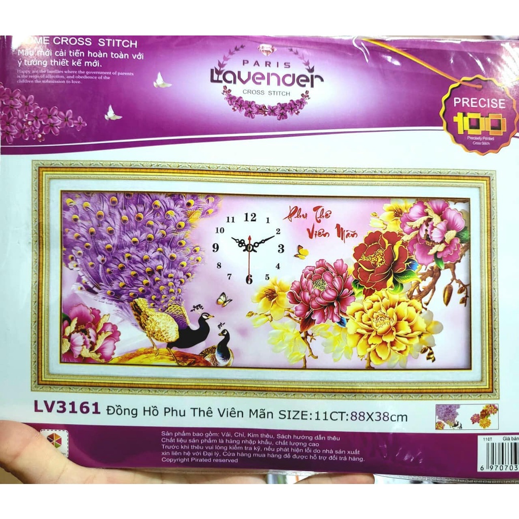 Tranh thêu đồng hồ phu thê viên mãn KT:88x38cm,tranh chưa thêu. Tặng kéo và xỏ chỉ