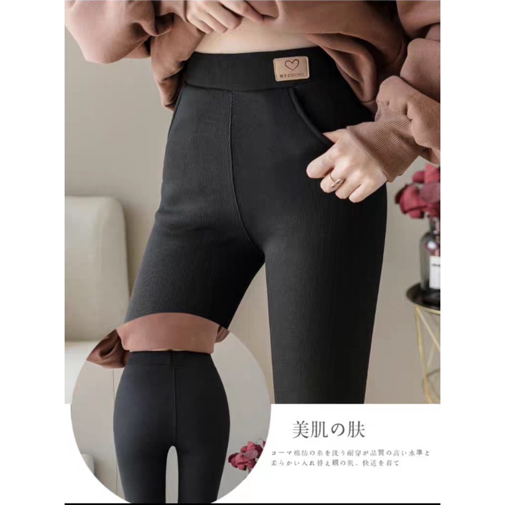 Quần Legging Gân Tăm Cao Cấp Lót Lông Mịn Giữ Nhiệt Cực Ấm Cạp Cao Gen Bụng Có Túi Tôn Dáng Co Giãn