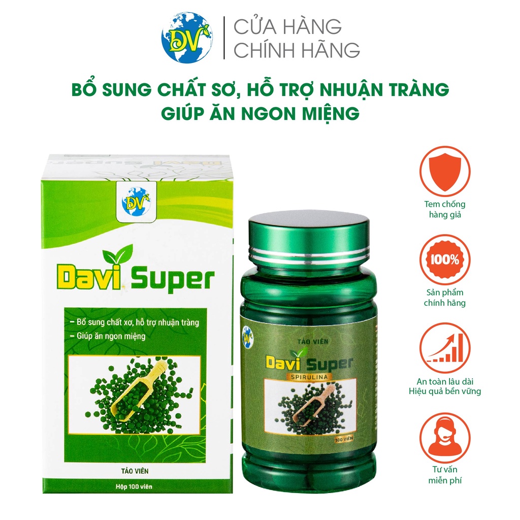 Tảo xoắn Davi super. Trẻ em, người lớn chán ăn, đầy bụng, khó tiêu, táo bón, hấp thu kém_100 viên