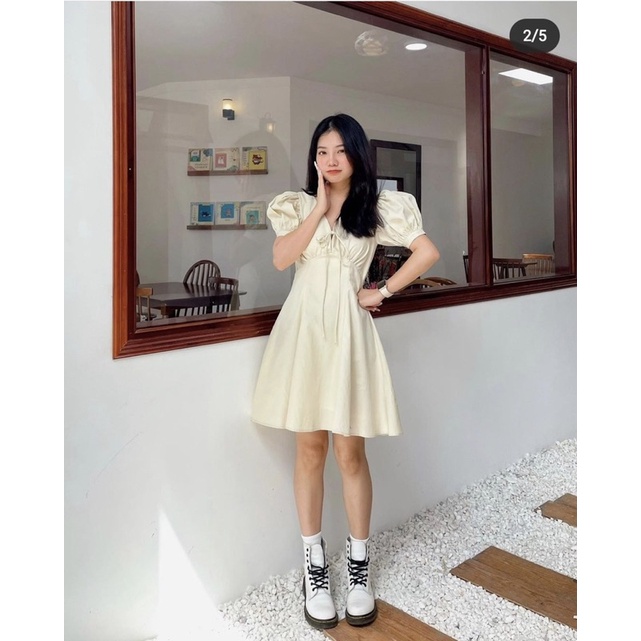 Váy thô tay bồng vintage dáng xoè tôn dáng , váy thô mềm rúm ngực