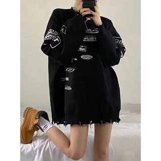 Áo len nữ form rộng rách xẻ tà, áo len dệt kim freesize, Áo len nữ form rộng rách xẻ tà chữ dệt chìm