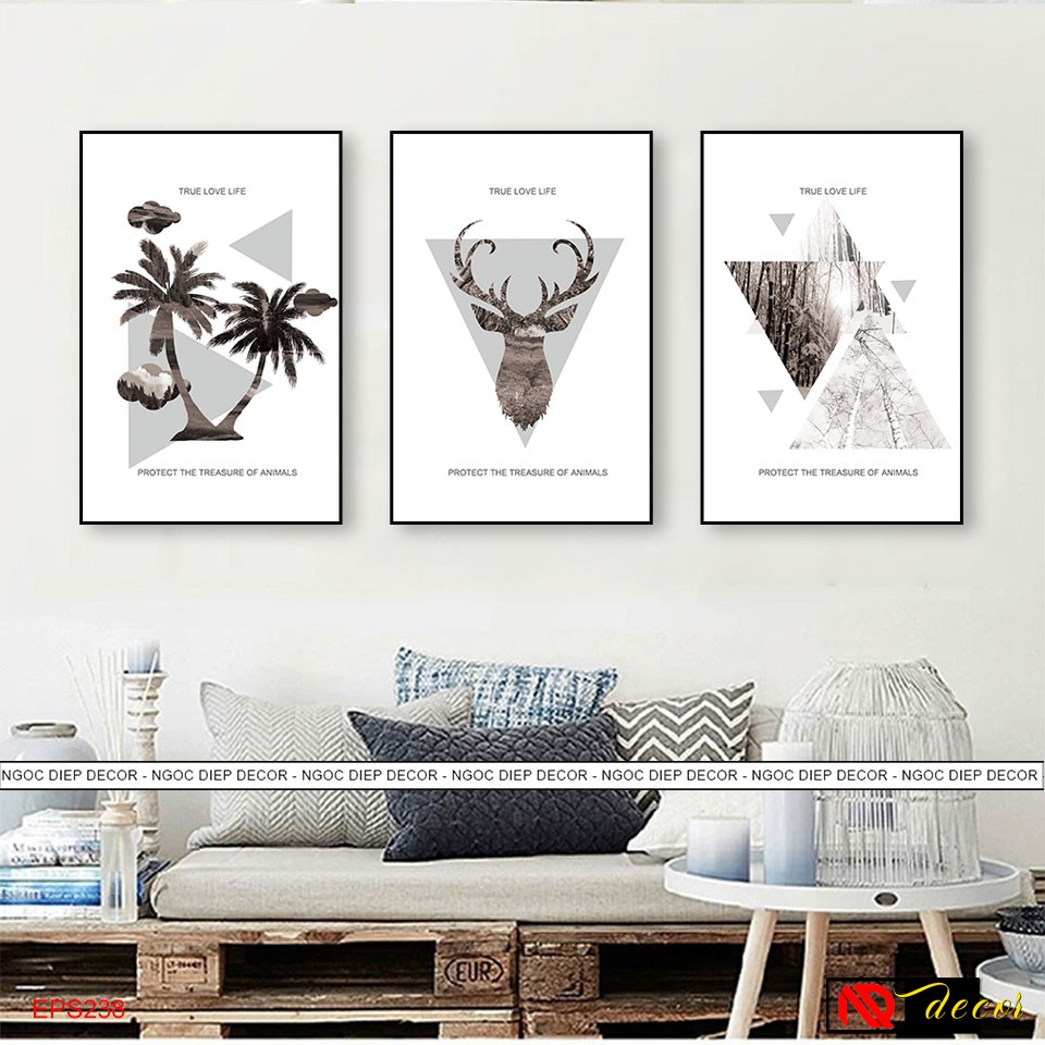 Tranh Decor phòng khách 3 bức Hươu Hiện đại trang trí phòng ngủ treo tường nghệ thuật số hóa vintage đẹp R65