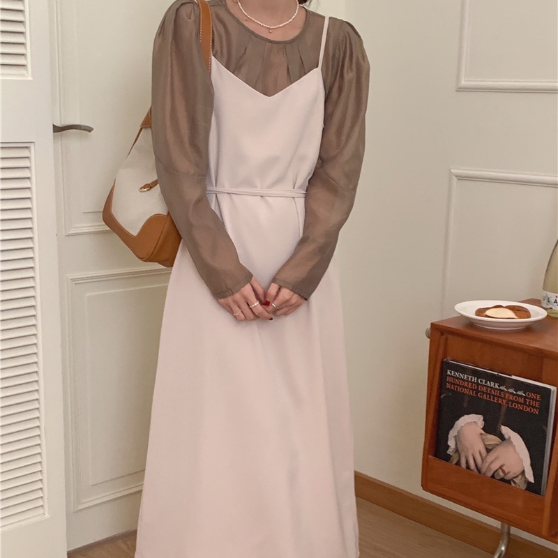 SUXI Bộ Áo Dài Tay + Đầm Hai Dây Màu Sắc Đơn Giản Phong Cách Hàn Quốc