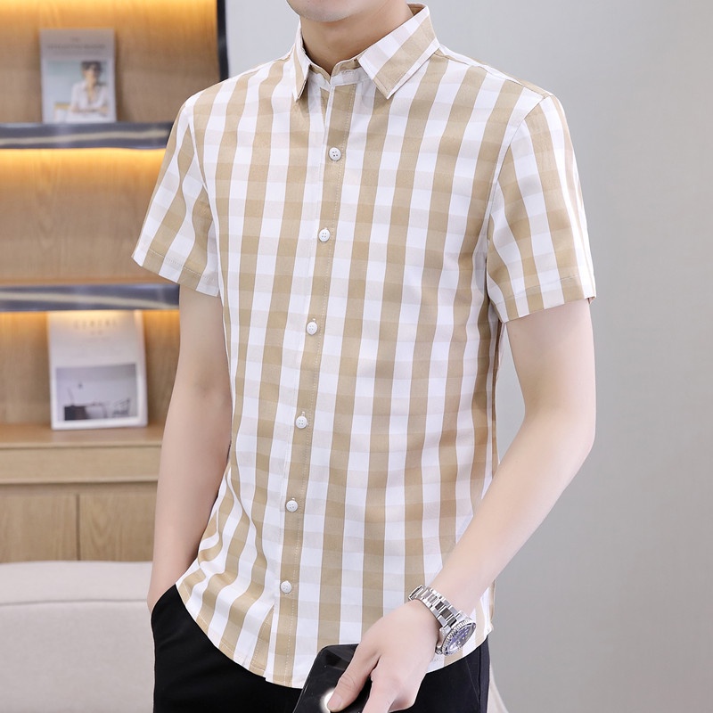 Áo Sơ Mi Cotton Tay Ngắn Họa Tiết Kẻ Sọc Thời Trang Mùa Hè Hàn Quốc 2022 Mới Cho Nam