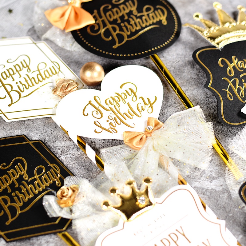 Topper Cắm Trang Trí Bánh Kem Hình Vương Miện Chữ Happy Birthday