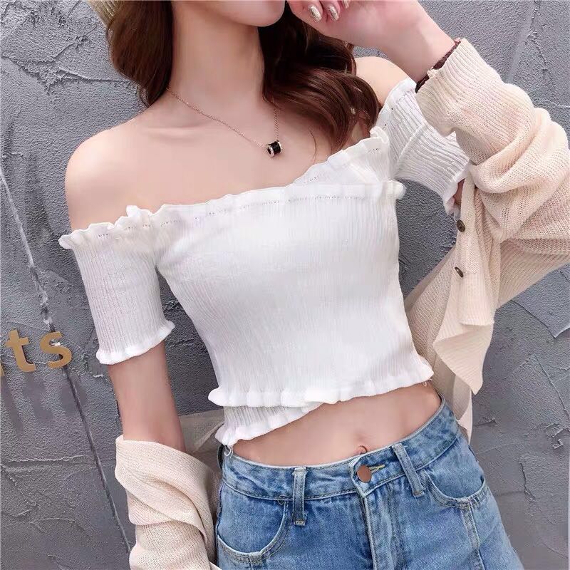 Áo Croptop Trễ Vai Phối Bèo Thời Trang Cho Nữ 2021