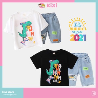Đồ bộ bé trai KIXI set quần jean áo cotton cộc tay hình khủng long mềm mịn bộ quần áo cho bé trai CMQA16