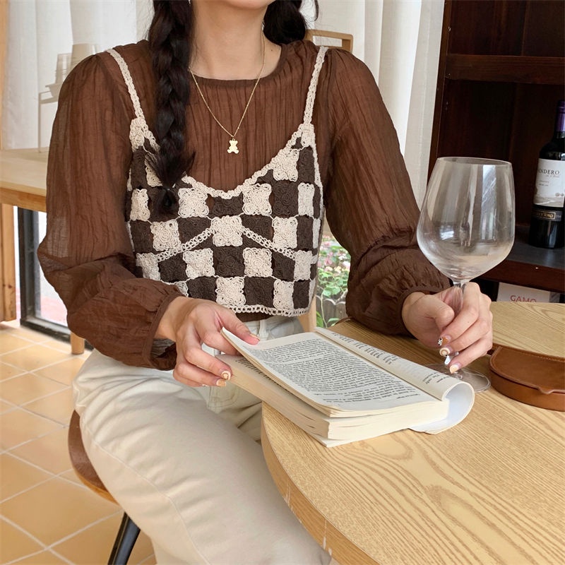 Áo Hai Dây Phối Ren Hoa Phong Cách Retro Hàn Quốc