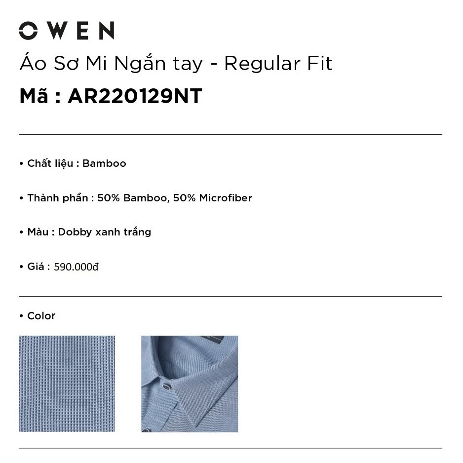 Áo Sơ Mi Nam Ngắn Tay OWEN AR220129NT Somi Công Sở Cao Cấp Màu Dobby Xanh Trắng Vải Sợi Tre Dáng Suông Tà Lượn Có Túi