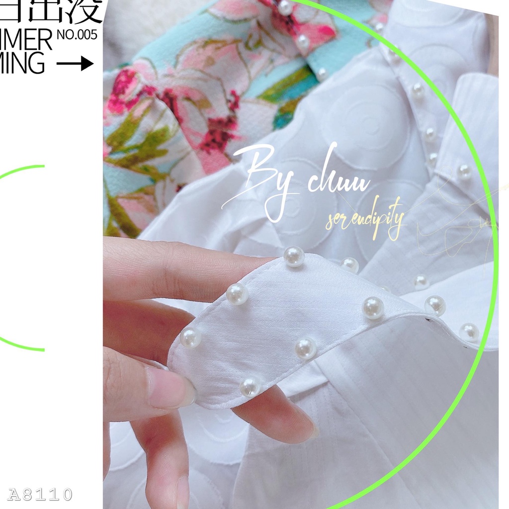 Áo sơ mi nữ tay phồng vạt nhọn đính ngọc xinh xắn CHUU A8110