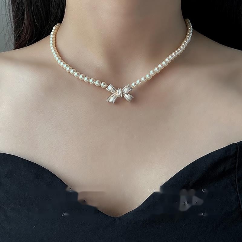 Vòng Cổ Hình Nơ Đính Ngọc Trai Đơn Giản Phong Cách Harajuku Thời Trang