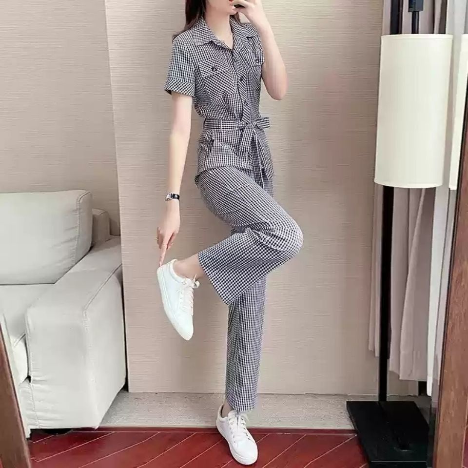 Jumpsuit lưng cao ống suông họa tiết sọc ca rô mẫu 2022 phong cách Hàn Quốc mới thời trang mùa hè dành cho nữ