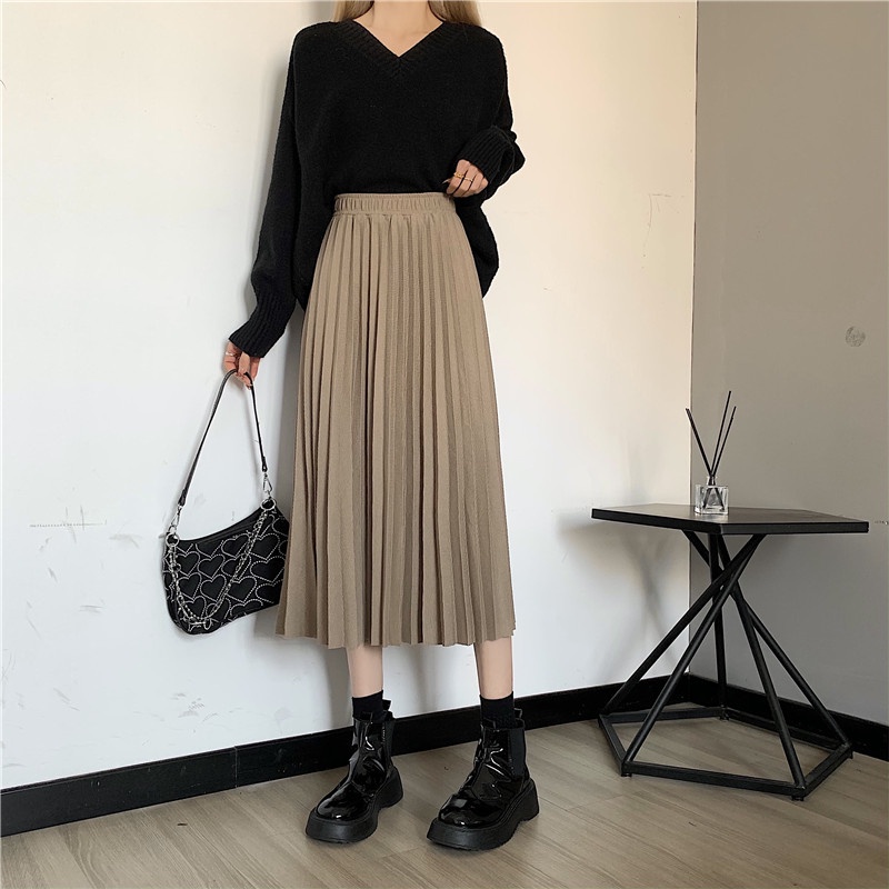 Chân váy midi xếp ly màu trơn phong cách Hàn Quốc thời trang cho nữ | BigBuy360 - bigbuy360.vn