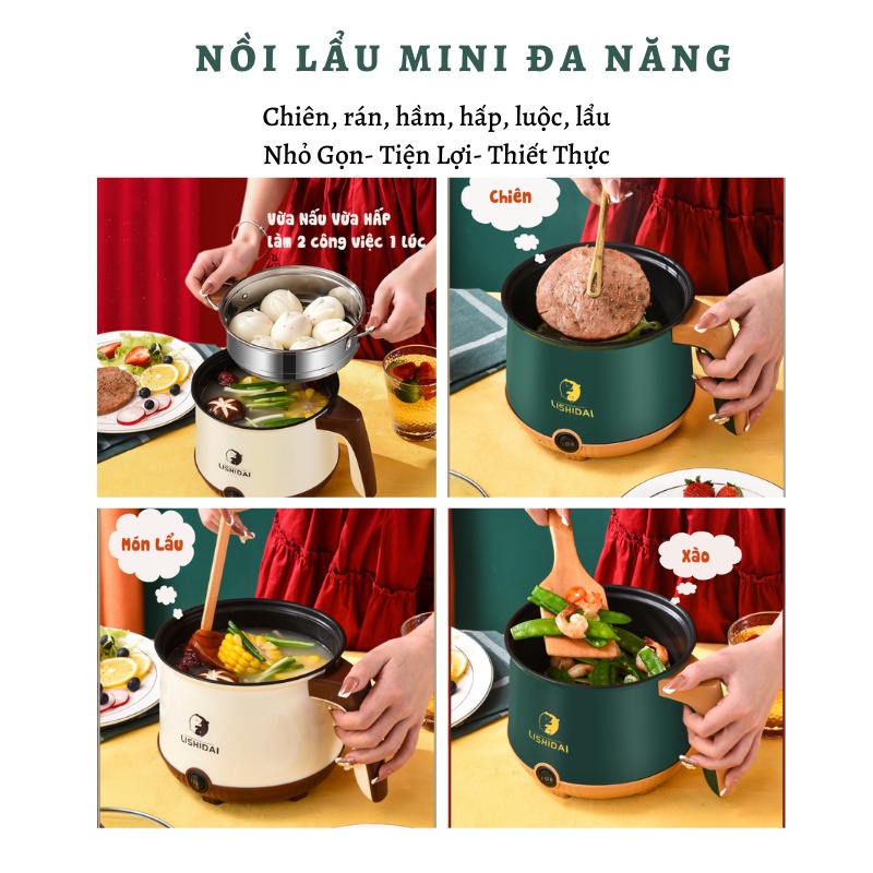 Nồi Lẩu Điện Mini, Nấu Mì 2 Tầng Kèm Giá Hấp Đa Năng Nướng, Luộc, Chiên Chống Dính Vấn Đá Tiện Lợi, Ca nấu mì mẫu mới