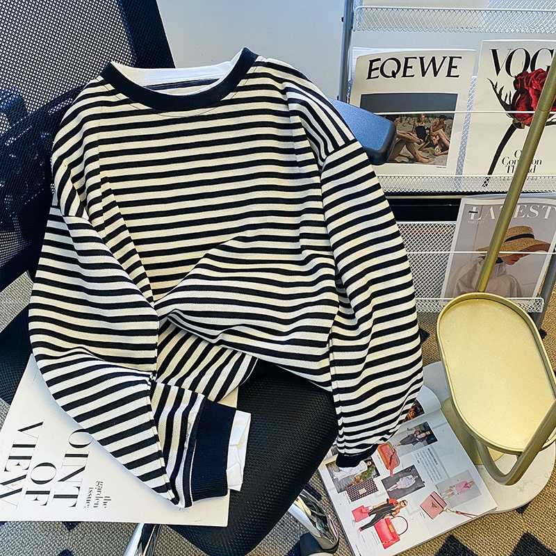 ZHELIHANGFEI Áo Thun Tay Dài Giả Hai Lớp Họa Tiết Kẻ Sọc Trẻ Trung