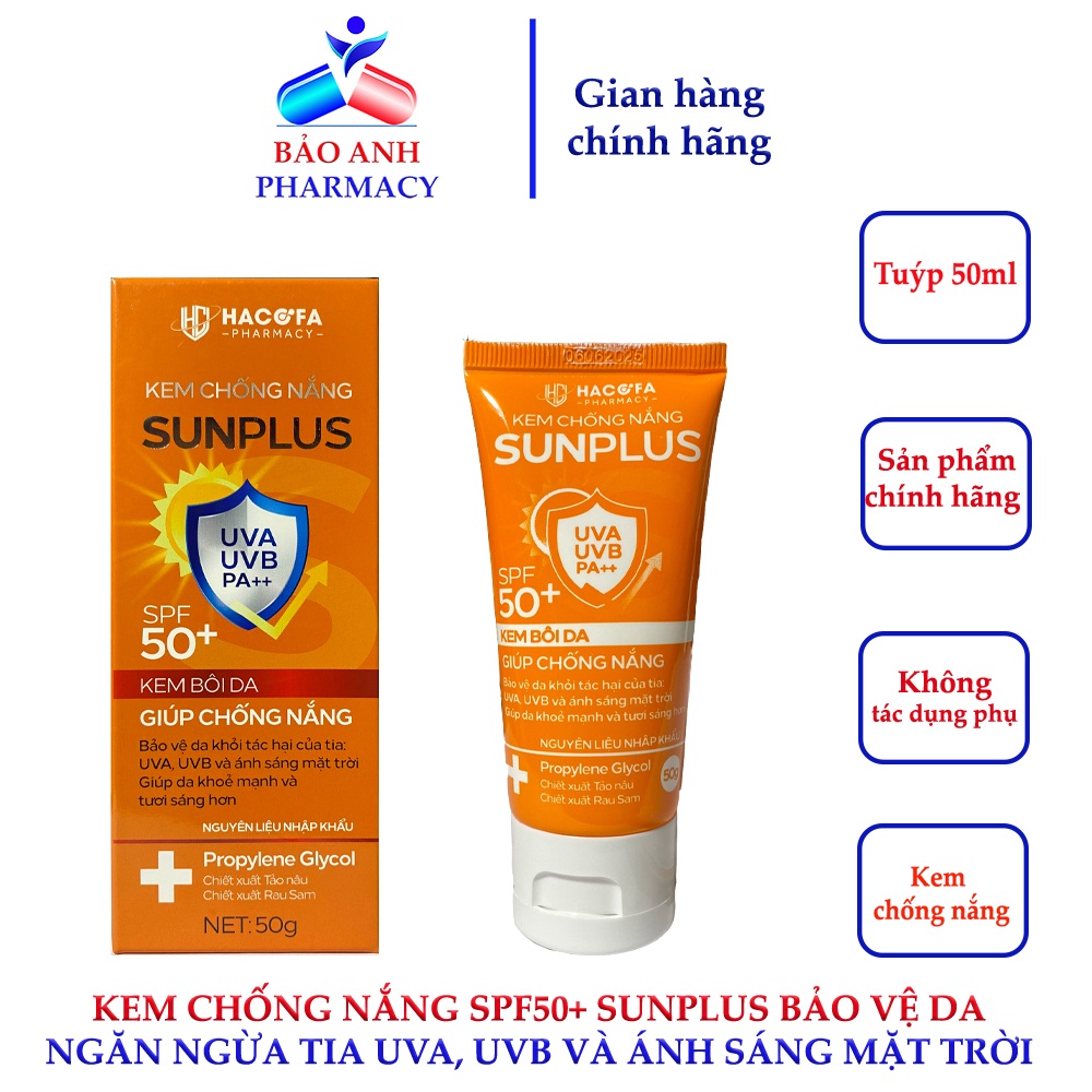 Kem chống nắng SUNPLUS – SPF50+ giúp chống nắng, bảo vệ da khỏi tác hại của tia UVA, UVB và ánh sáng mặt trời - T50g