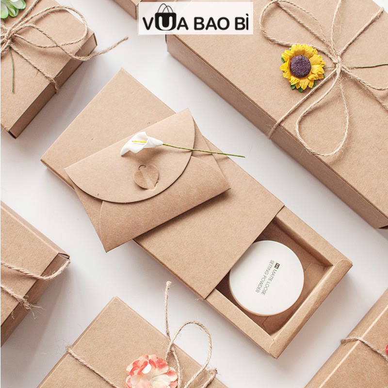 Hộp quà kraft H12 dạng nắp bao diêm thắt nơ thừng Vintage kèm rơm lót đựng quà sinh nhật, tốt nghiệp VUABAOBI