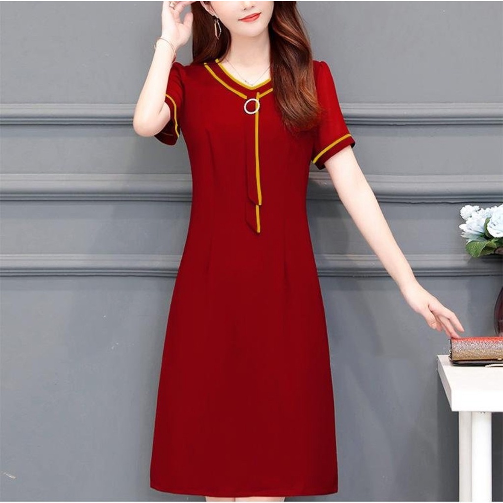 SHOPPRO - THỜI TRANG TRUNG NIÊN - ĐẦM SUÔNG TRUNG NIÊN KIỂU ĐẦM SUÔNG VIỀN MÀU TAY NGẮN PHỐI KHOEN CỔ ÁO 3188