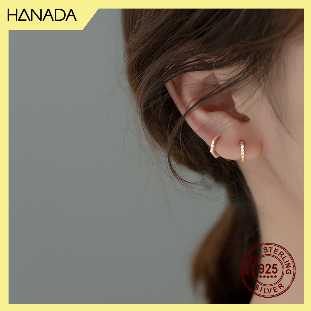 Bông Tai Bạc 925 Hanada Khoen Tròn Lục Giác Đính Đá Nhỏ Đeo vành 0802