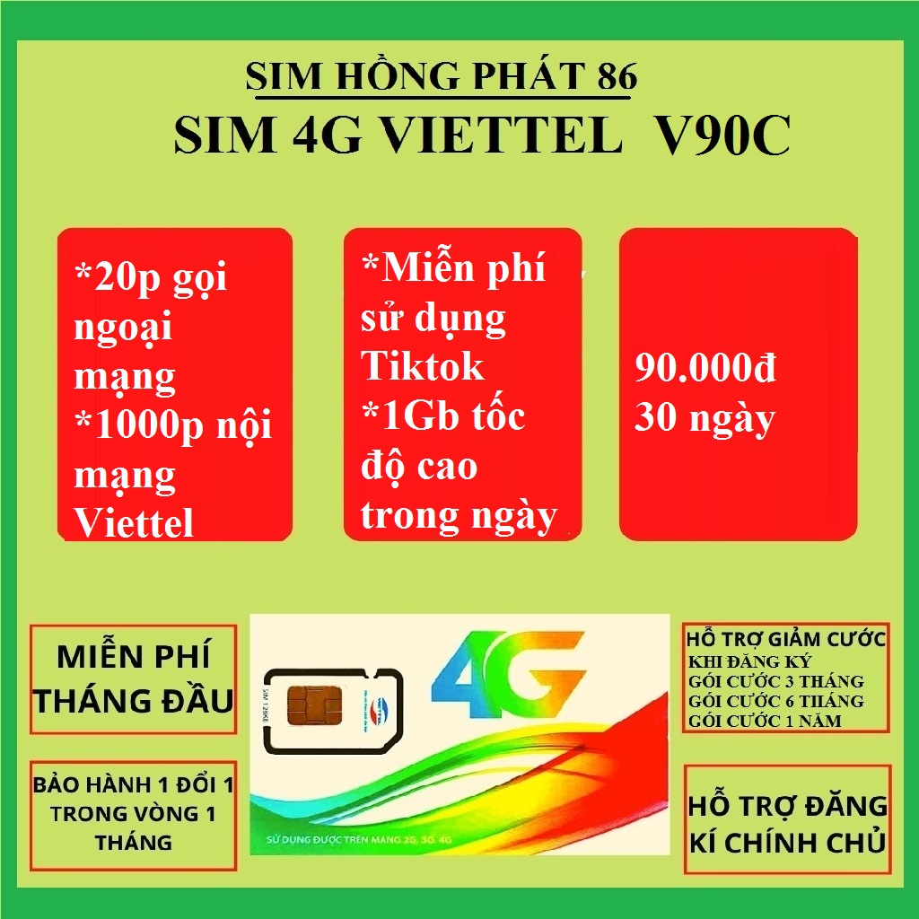 sim viettel 4G V90C 30GB tốc độ cao,Miễn phí gọi nội mạng,20p ngoại mạng,Miễn phí sử dụng trọn đời sử dụng Tiktok